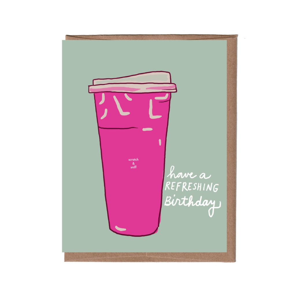 Greeting card with a pink cup illustration and text on a light green background
