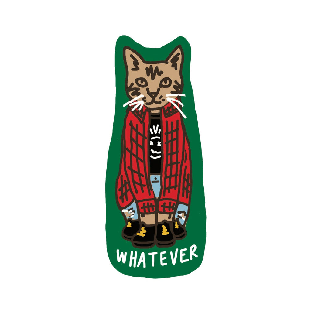 Cat with a red jacket and 'Whatever' text on a green background