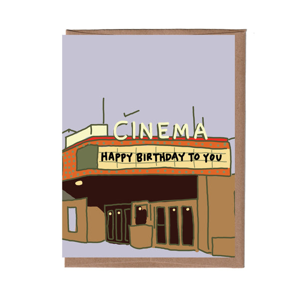 Greeting card with a cinema facade and 'Happy Birthday to You' message on a white background