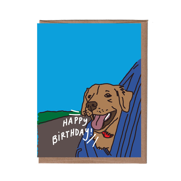 Birthday card with a dog illustration and 'Happy Birthday' text on a blue background