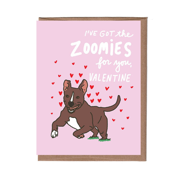 Valentine's Day card with a dog illustration and text on a pink background