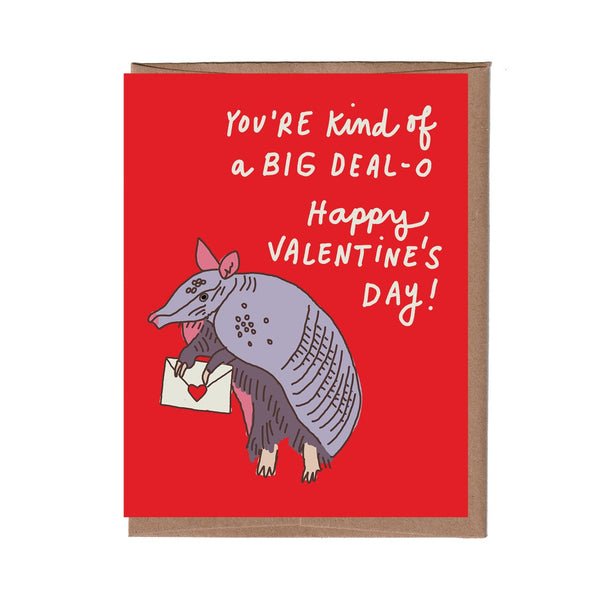 Valentine's Day card with an armadillo illustration and text on a red background