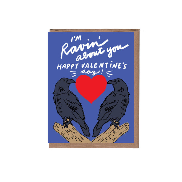 Valentine's Day card with two ravens and a heart on a blue background