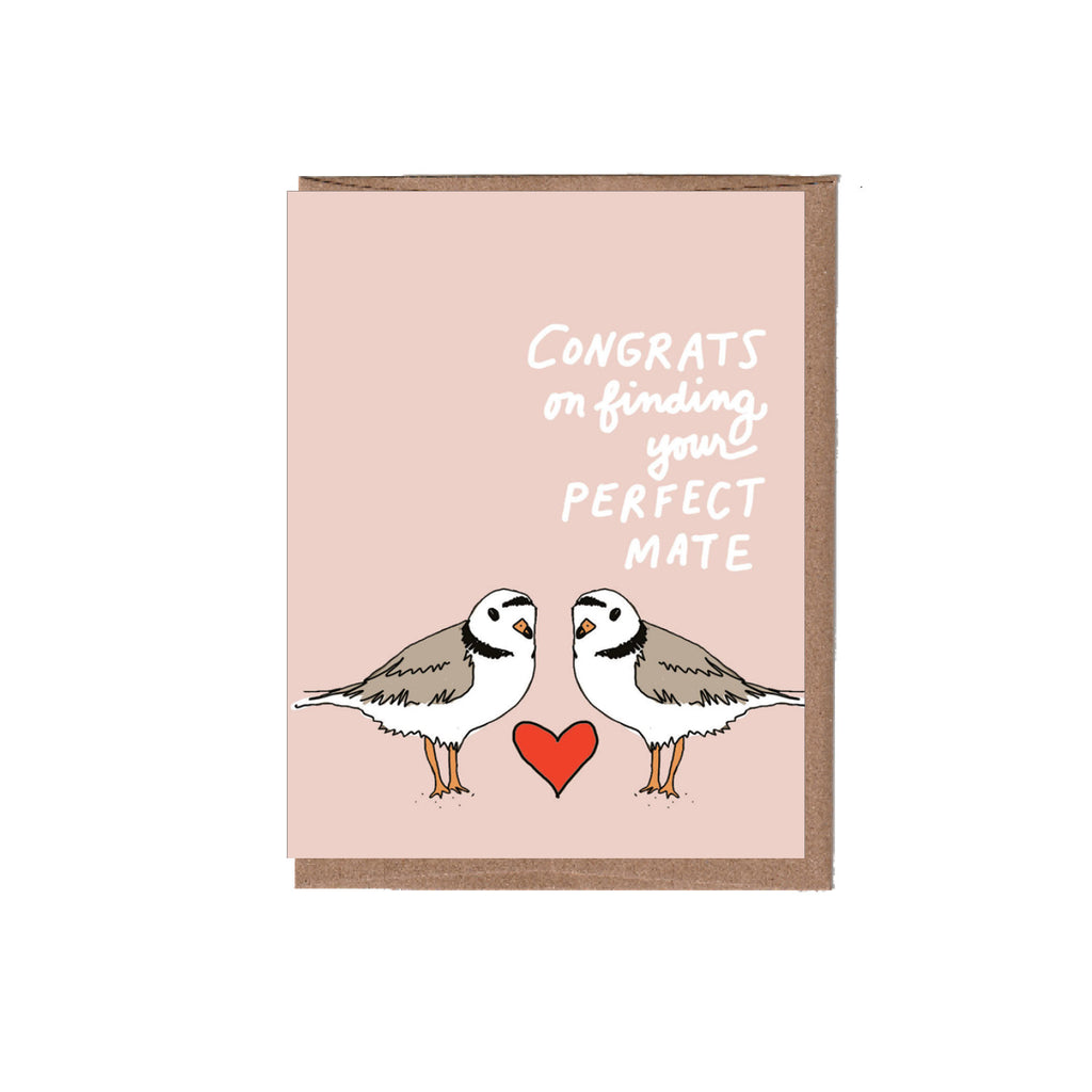 Card with two birds and a heart on a pink background with text 'Congrats on finding your perfect mate'.