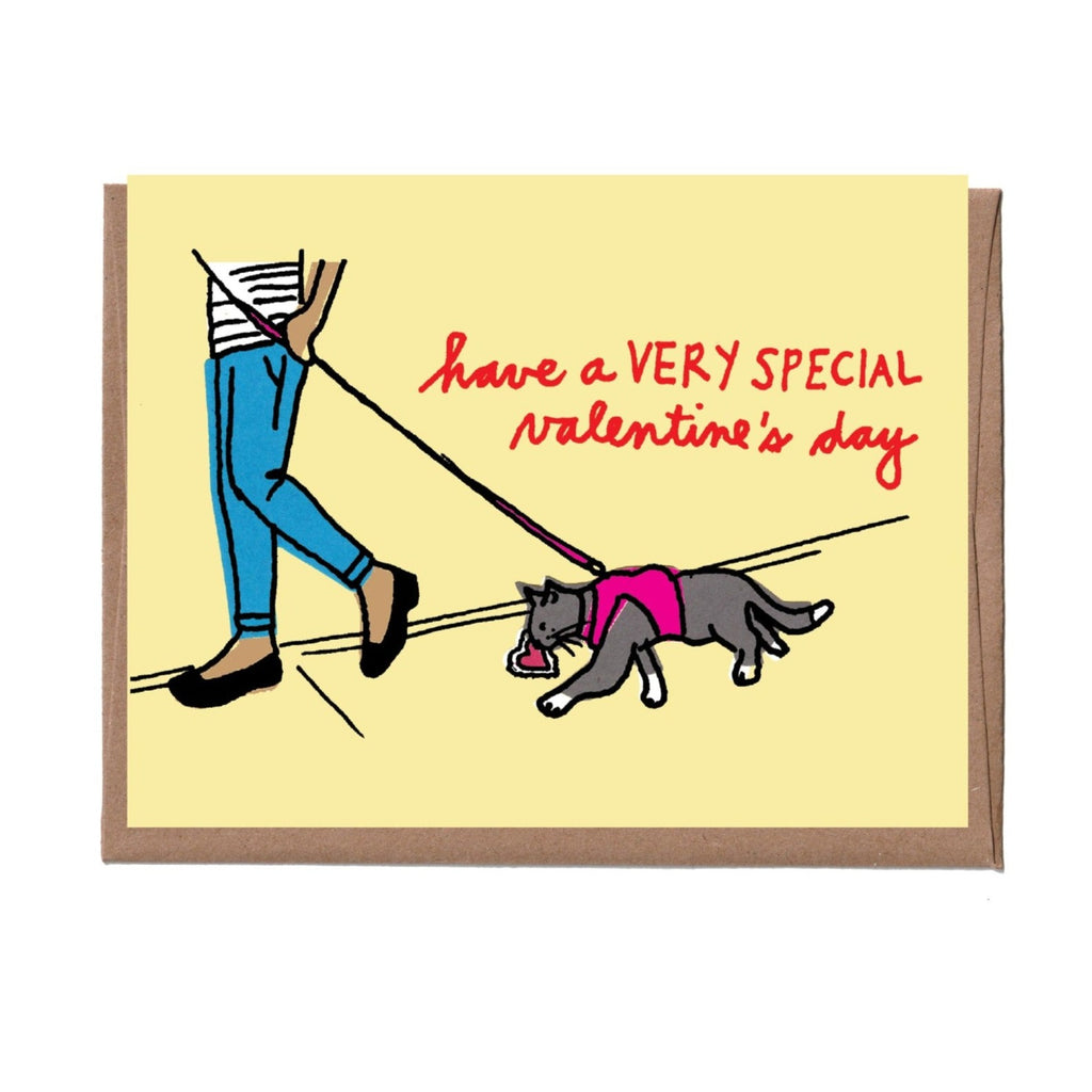Cat on Leash Valentine's Card